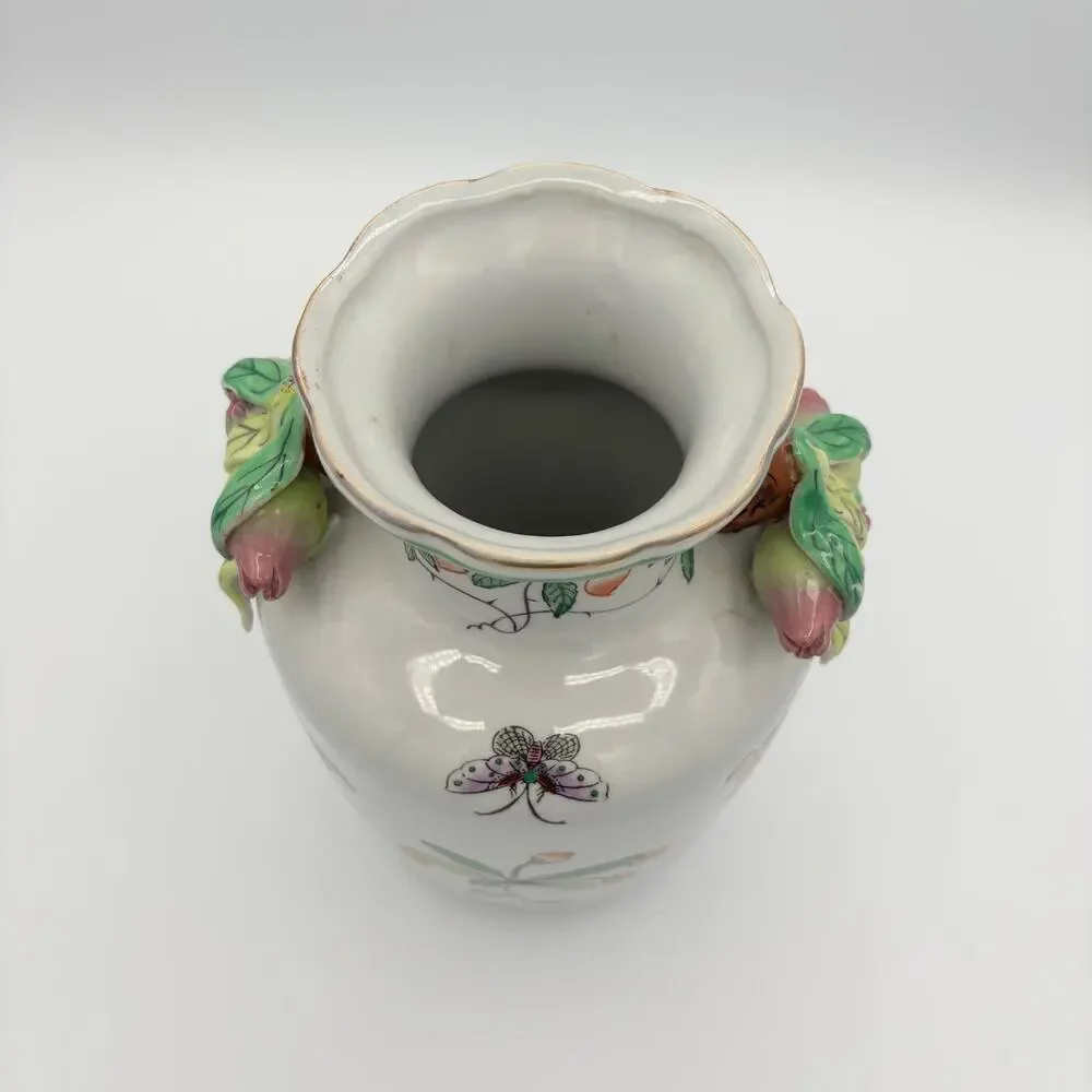 Vintage Chinoiserie Famille Rose Porcelain Butterfly & Pomegranate Handle Vase